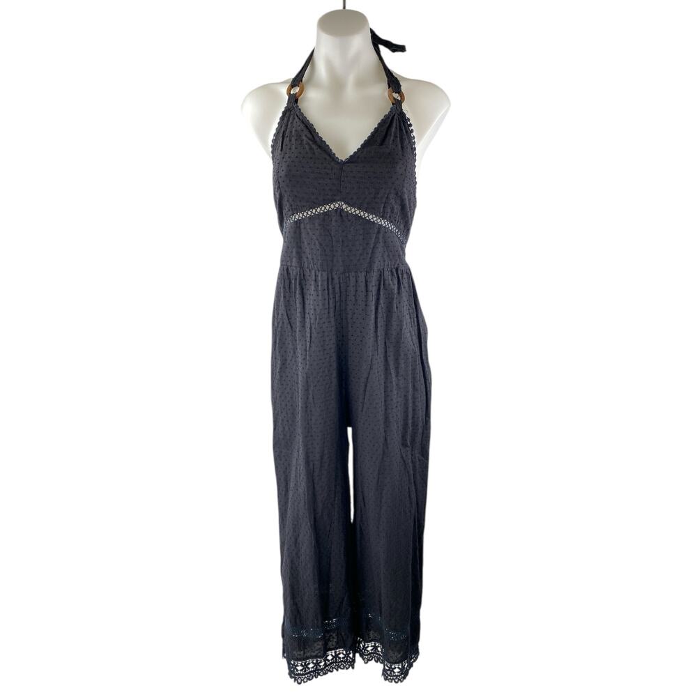 ZARA Black Polka Dot Lace Trim Halter Neck Sleeveless Wide Leg Romper Jumpsuit S - Picture 1 of 3
